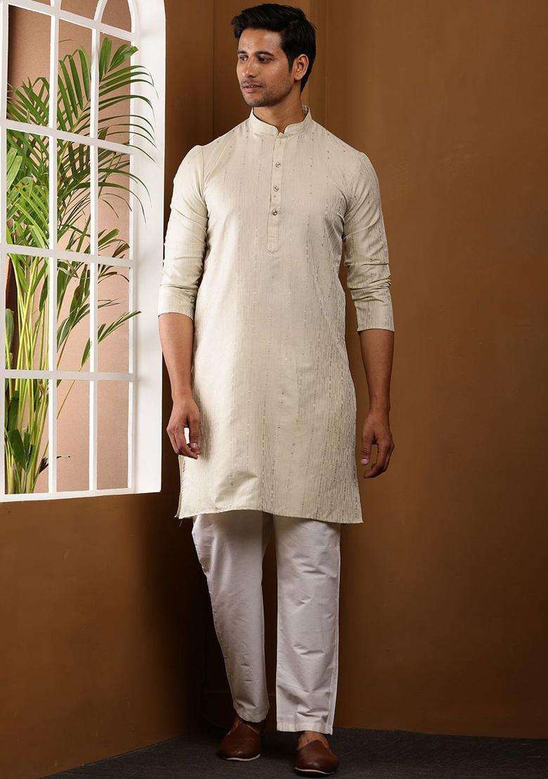 Beige Embroidered Viscose Kurta Set For Men - Indya