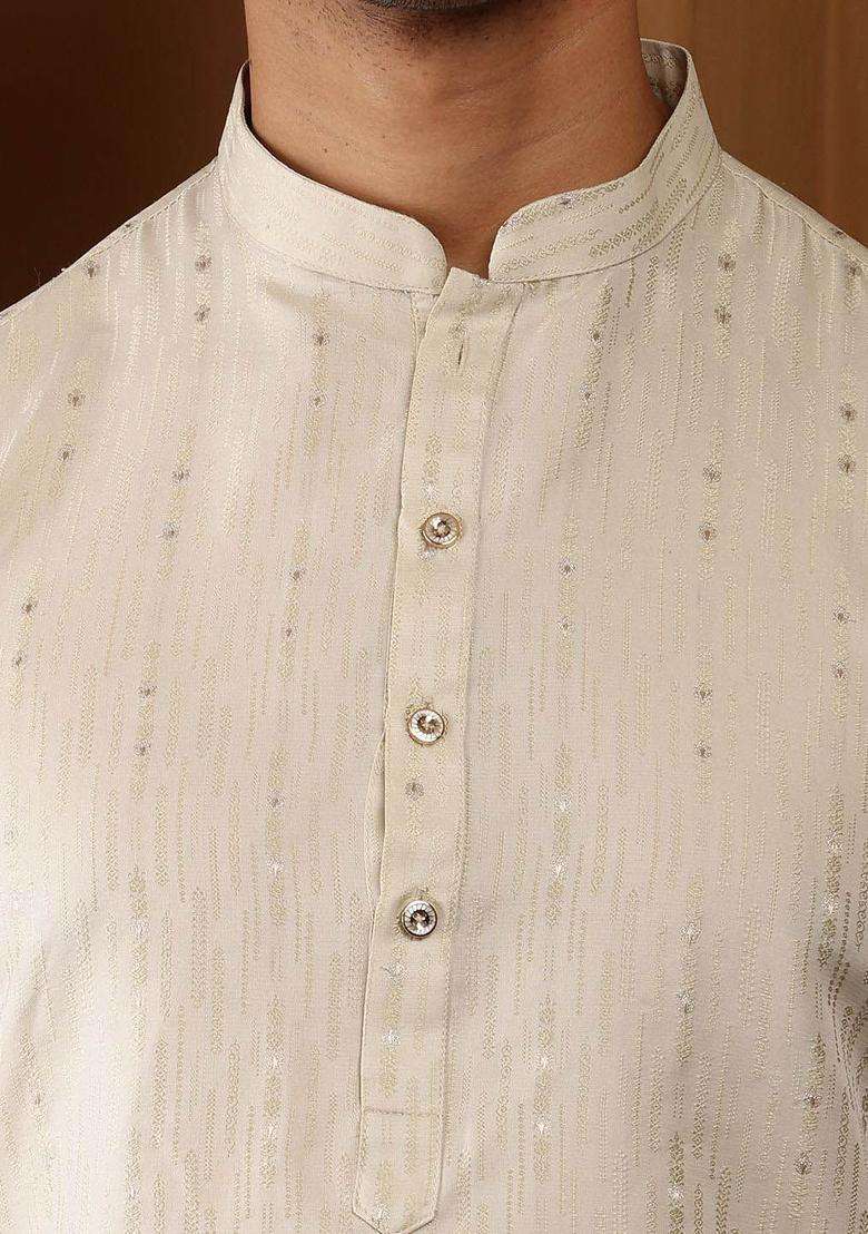 Beige Embroidered Viscose Kurta Set For Men - Indya
