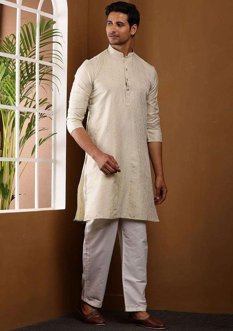 Beige Embroidered Viscose Kurta Set For Men - Indya