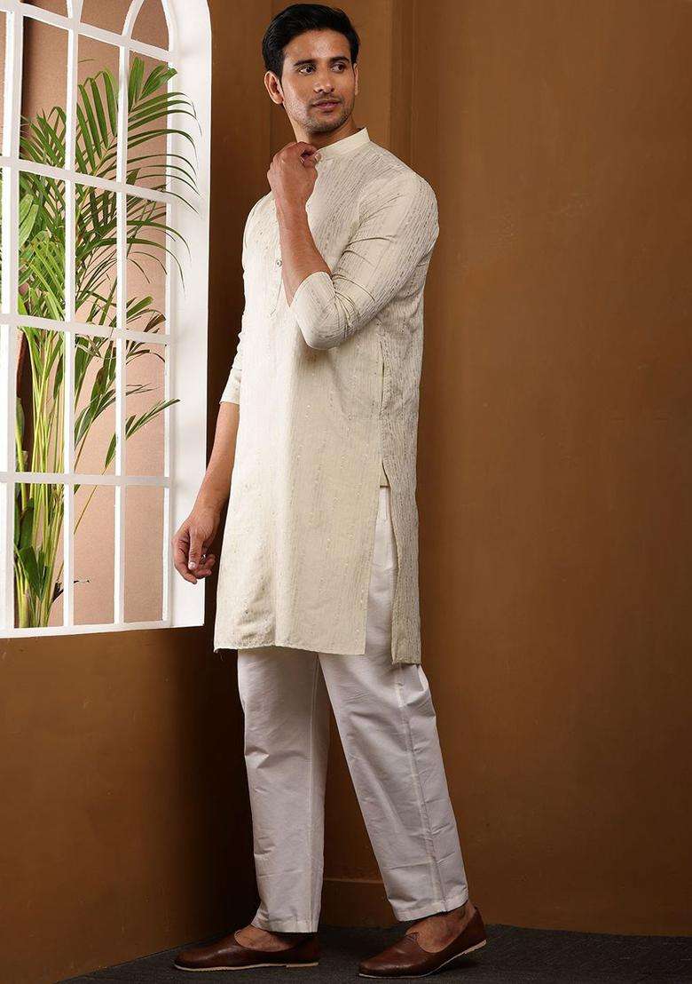 Beige Embroidered Viscose Kurta Set For Men - Indya
