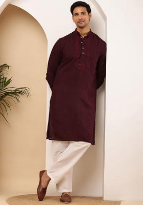 Red Embroidered Viscose Kurta Set For Men