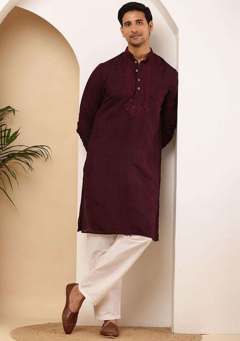 Red Embroidered Viscose Kurta Set For Men - Indya