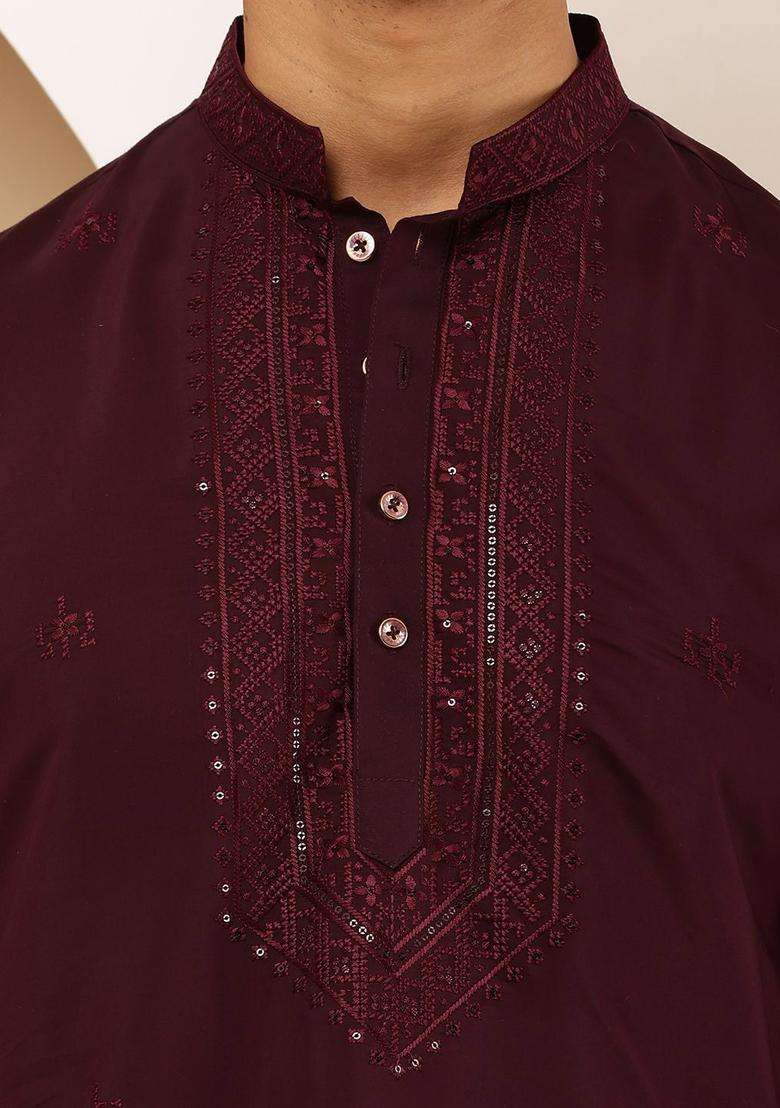Red Embroidered Viscose Kurta Set For Men - Indya