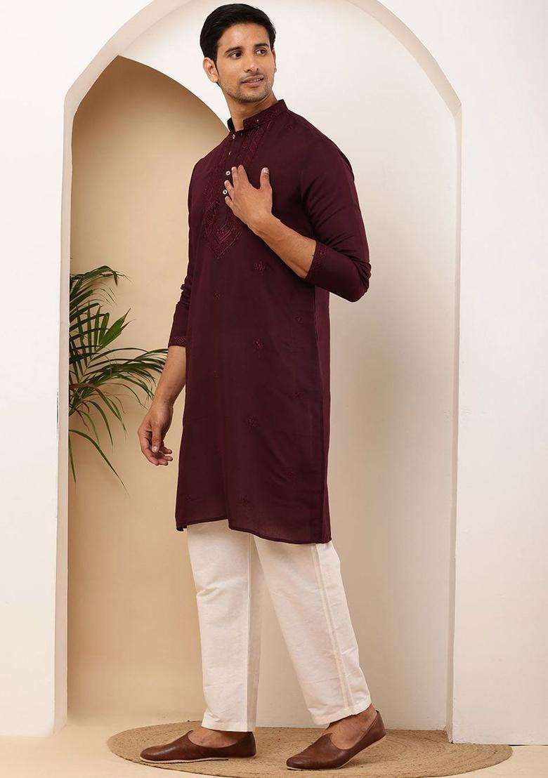 Red Embroidered Viscose Kurta Set For Men - Indya