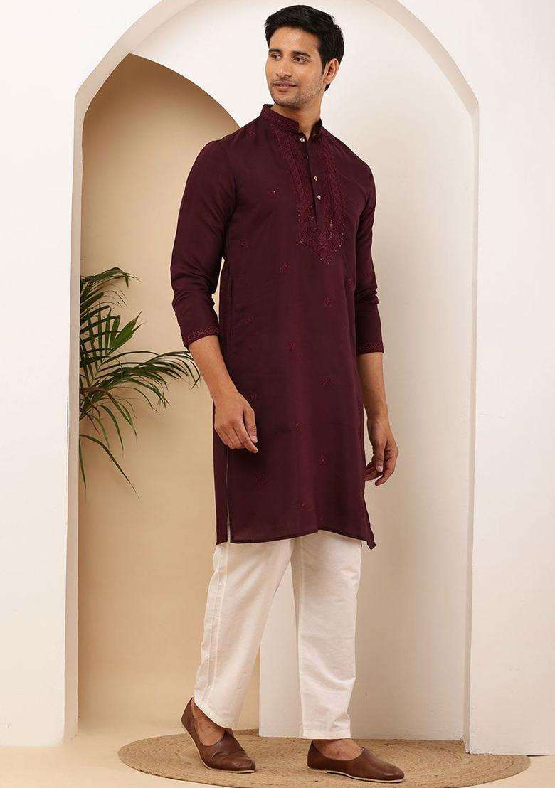 Red Embroidered Viscose Kurta Set For Men - Indya