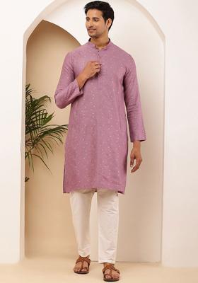 Purple Self Design Viscose Kurta Set For Men