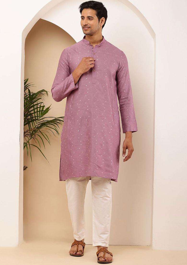 Purple Self Design Viscose Kurta Set For Men - Indya