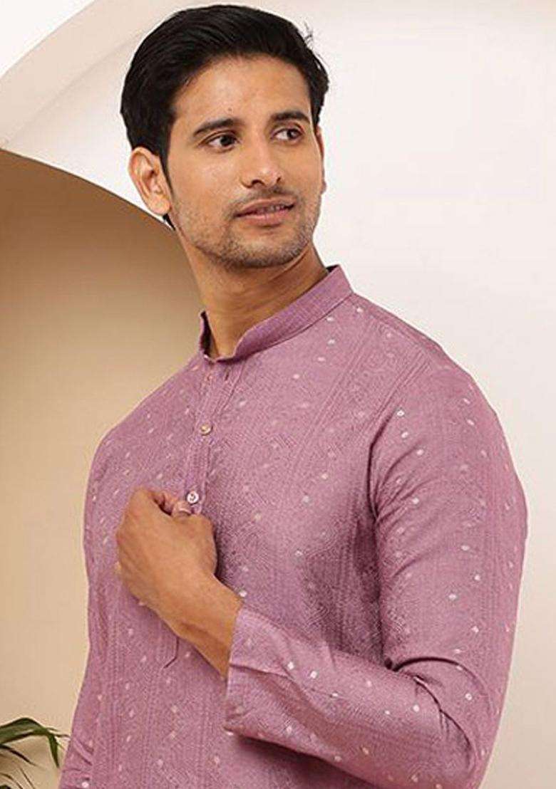 Purple Self Design Viscose Kurta Set For Men - Indya