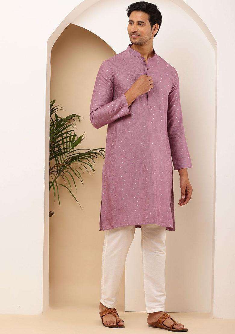 Purple Self Design Viscose Kurta Set For Men - Indya