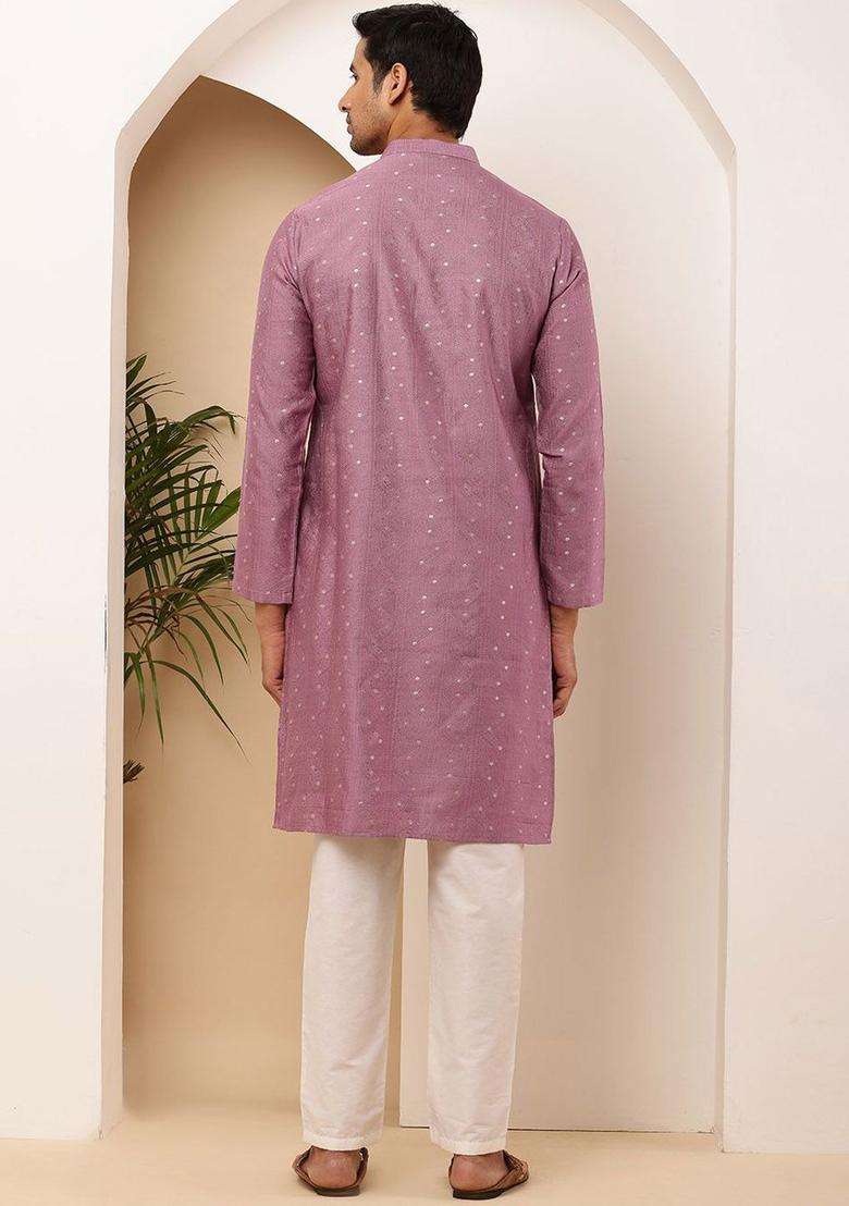 Purple Self Design Viscose Kurta Set For Men - Indya