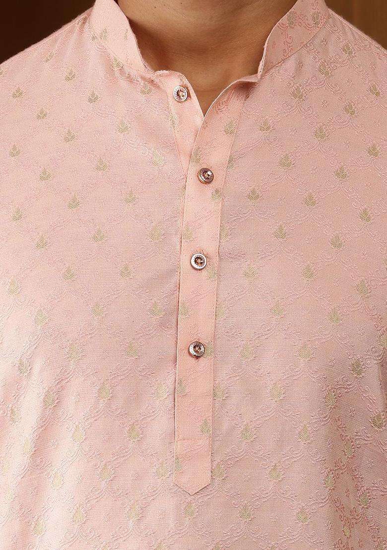 Peach Woven Design Viscose Kurta Set For Men - Indya