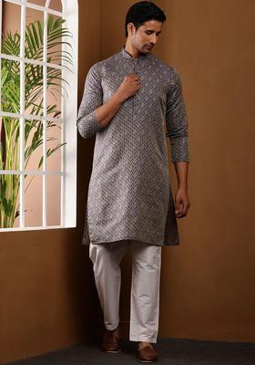 Grey Printed Viscose Kurta Set For Men