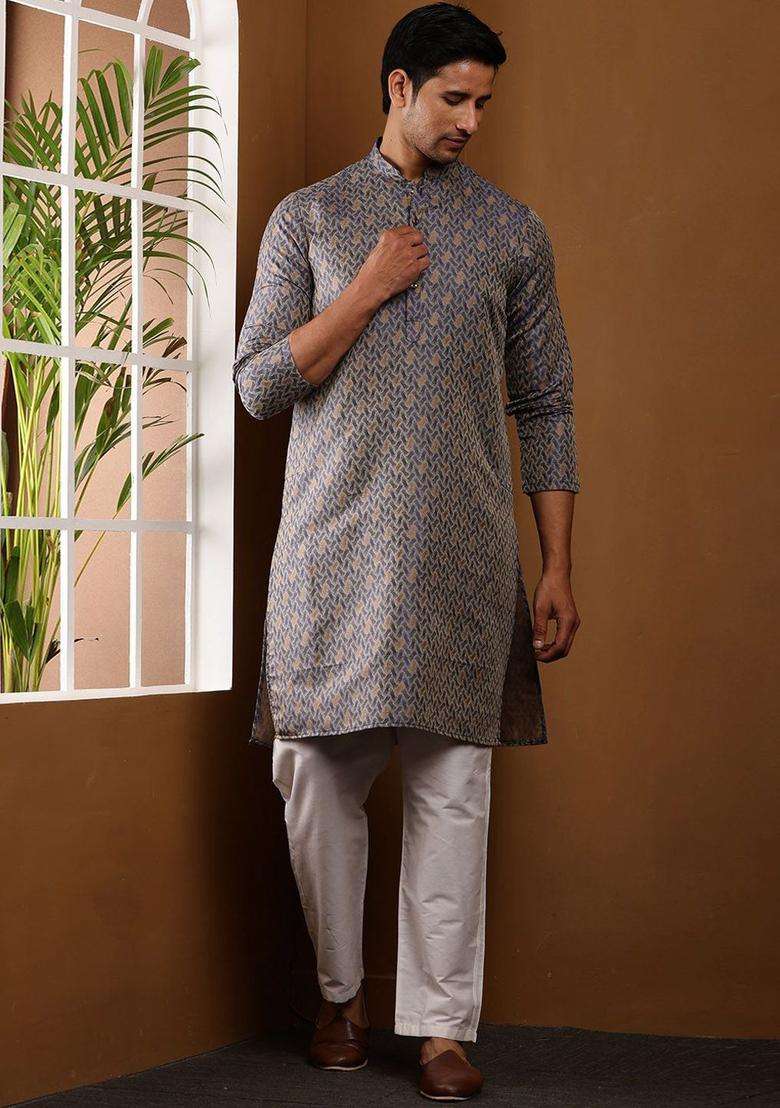 Grey Printed Viscose Kurta Set For Men - Indya