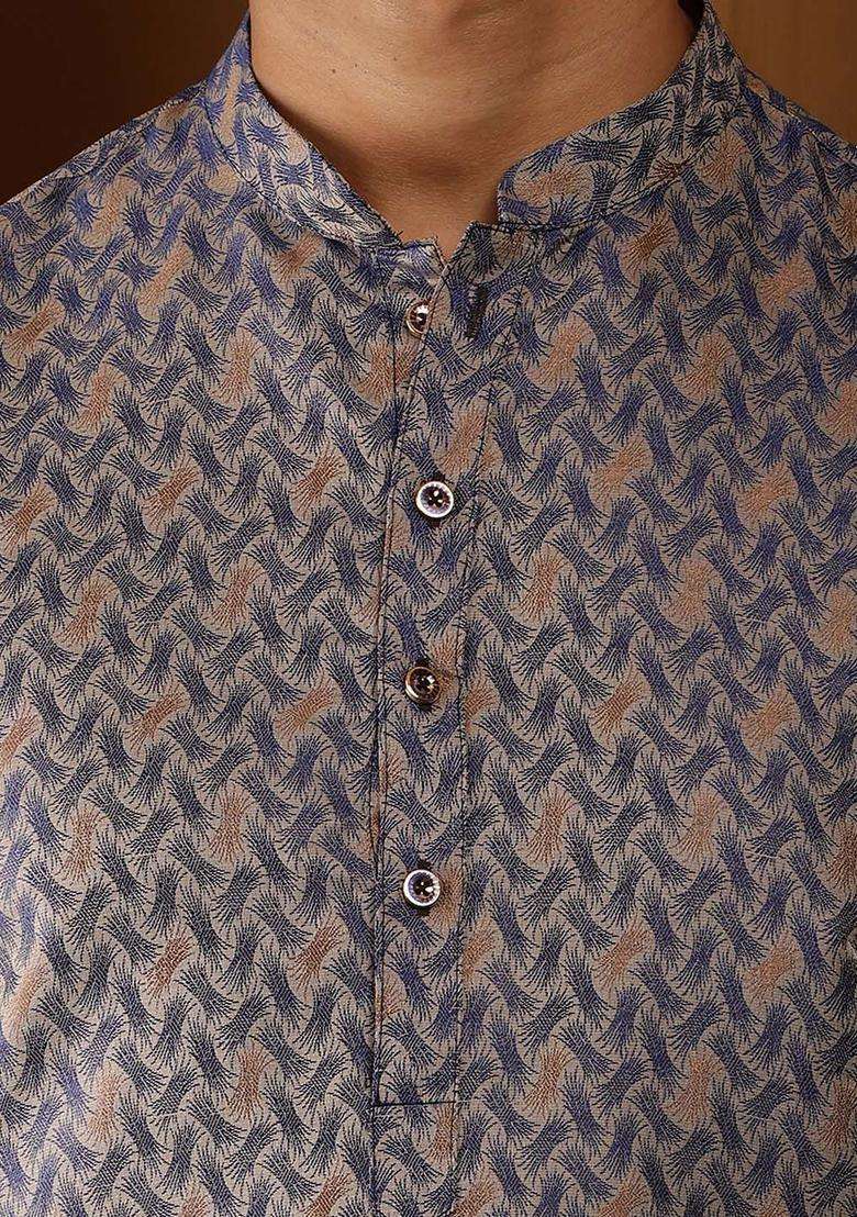 Grey Printed Viscose Kurta Set For Men - Indya