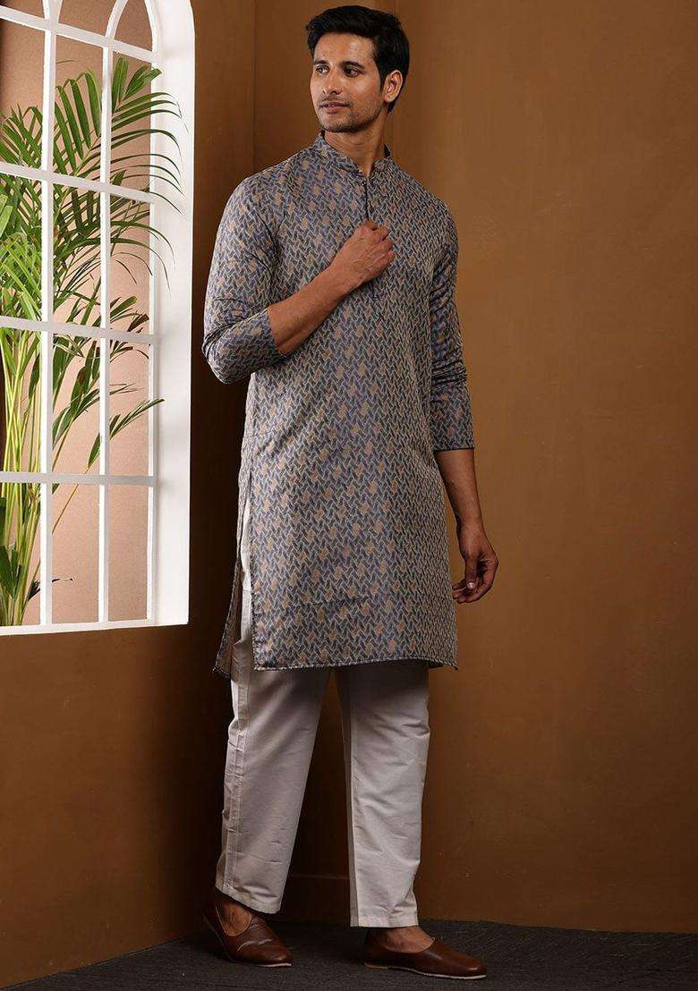 Grey Printed Viscose Kurta Set For Men - Indya