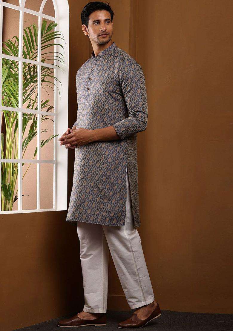 Grey Printed Viscose Kurta Set For Men - Indya
