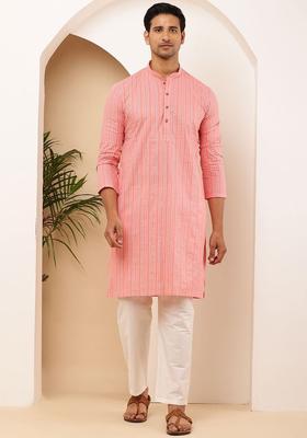 Pink Printed Cotton Kurta Set For Men