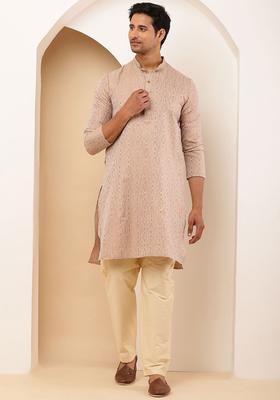 Beige Woven Design Viscose Kurta Set For Men