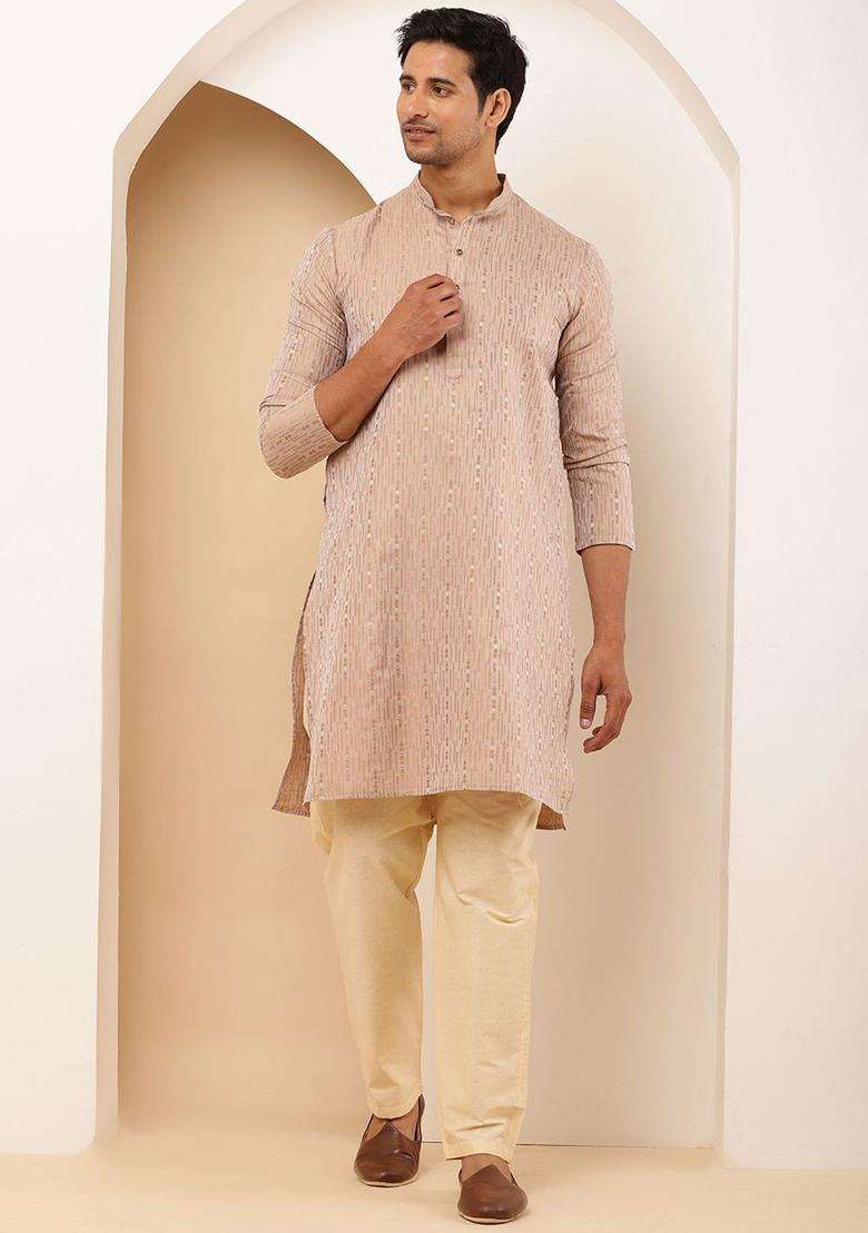 Beige Woven Design Viscose Kurta Set For Men - Indya