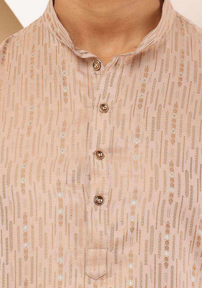 Beige Woven Design Viscose Kurta Set For Men - Indya