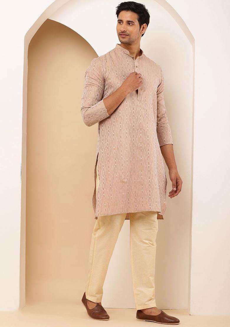 Beige Woven Design Viscose Kurta Set For Men - Indya