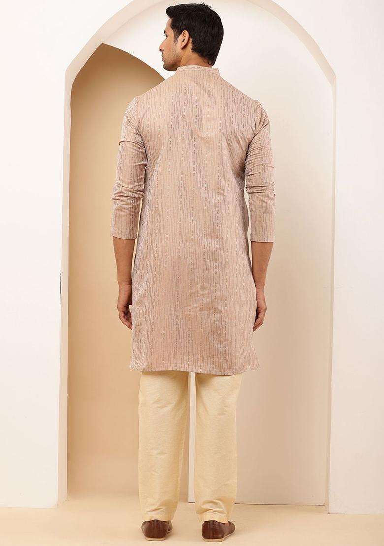 Beige Woven Design Viscose Kurta Set For Men - Indya