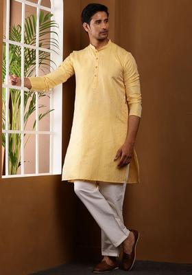 Yellow Woven Design Viscose Kurta Set For Men