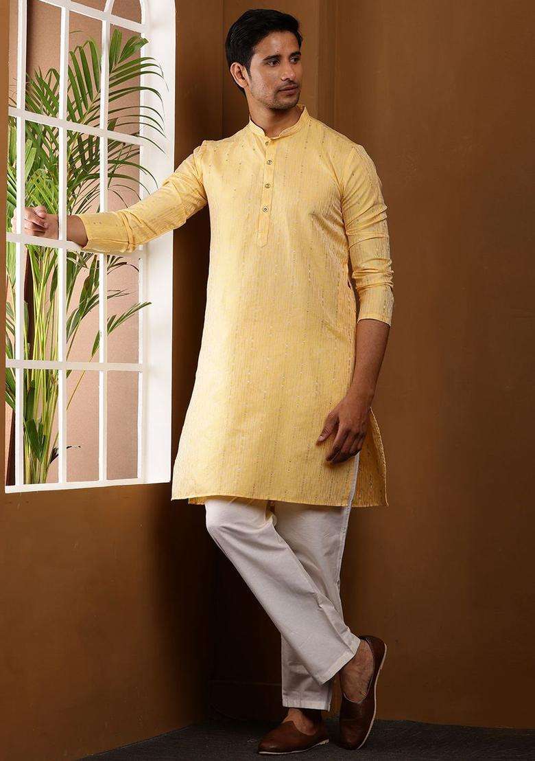 Yellow Woven Design Viscose Kurta Set For Men - Indya