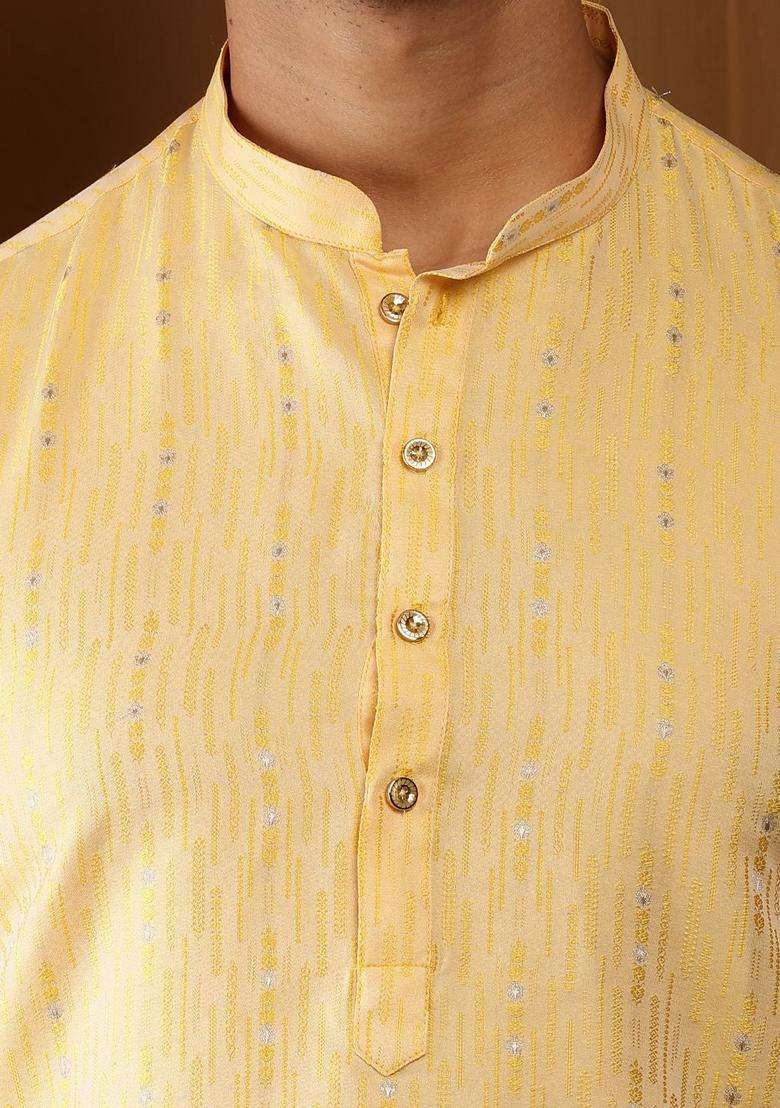 Yellow Woven Design Viscose Kurta Set For Men - Indya