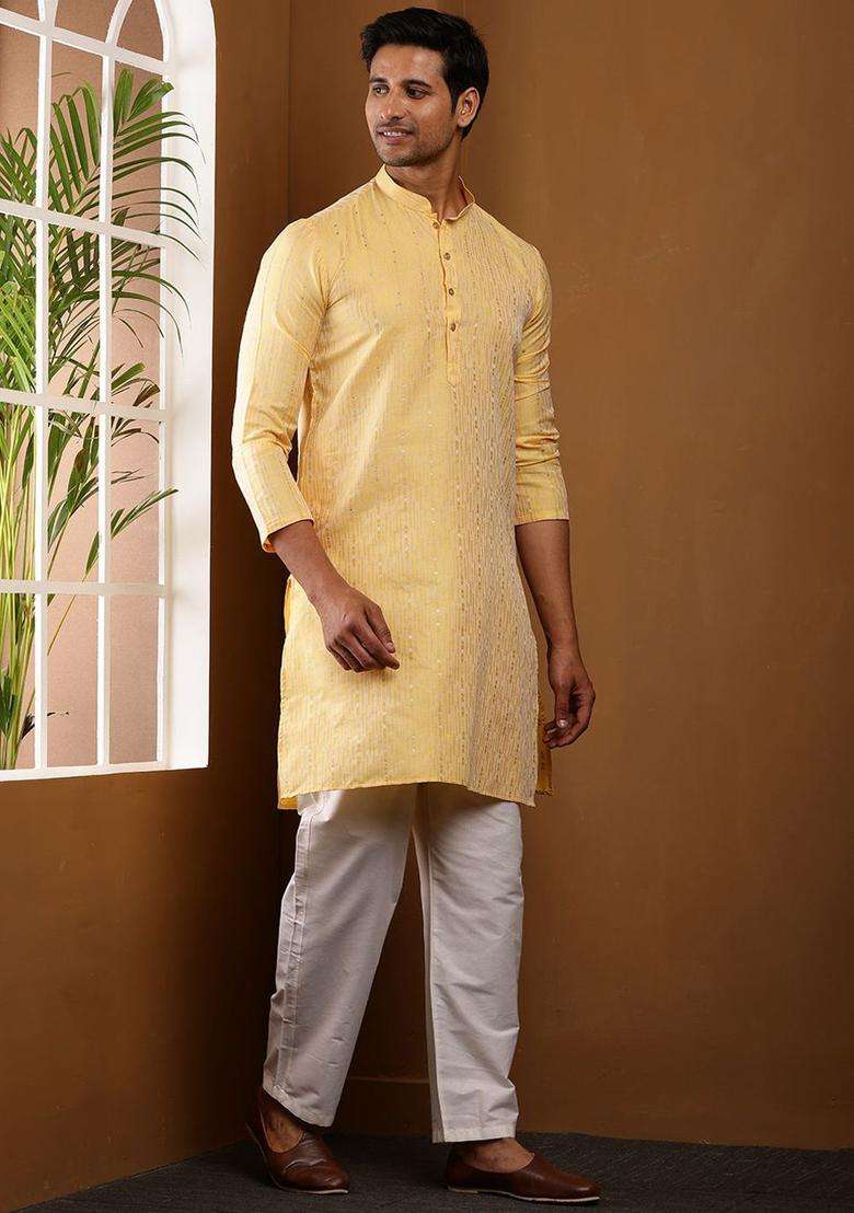 Yellow Woven Design Viscose Kurta Set For Men - Indya
