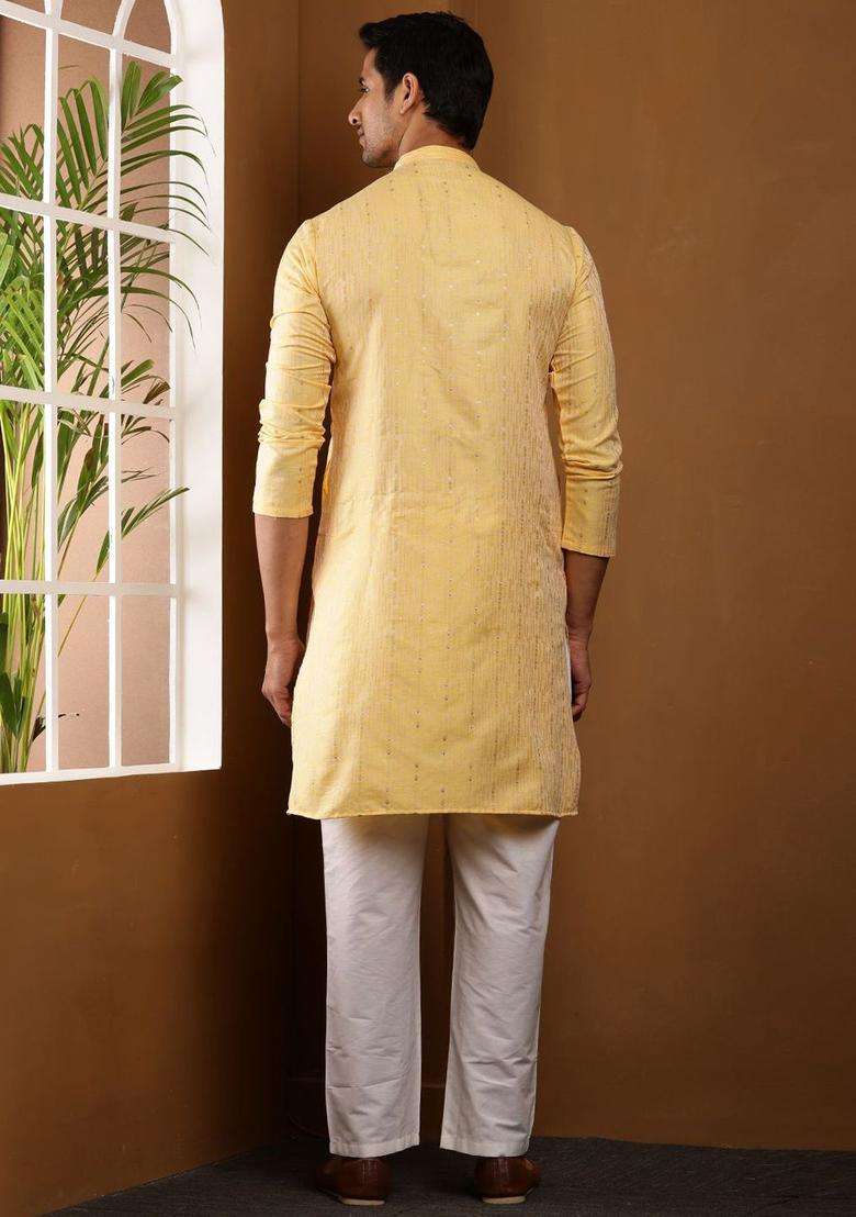 Yellow Woven Design Viscose Kurta Set For Men - Indya