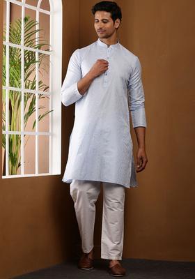Blue Woven Design Viscose Kurta Set For Men