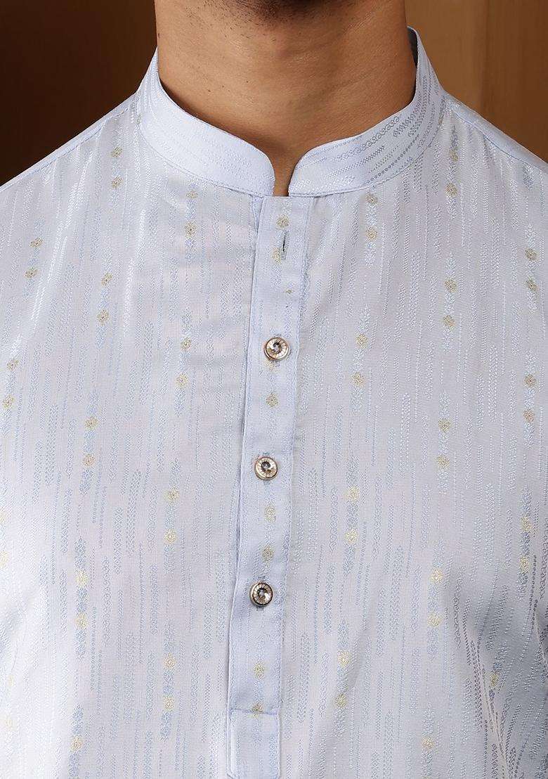 Blue Woven Design Viscose Kurta Set For Men - Indya