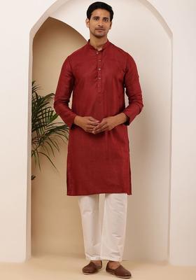 Red Self Design Viscose Kurta Set For Men