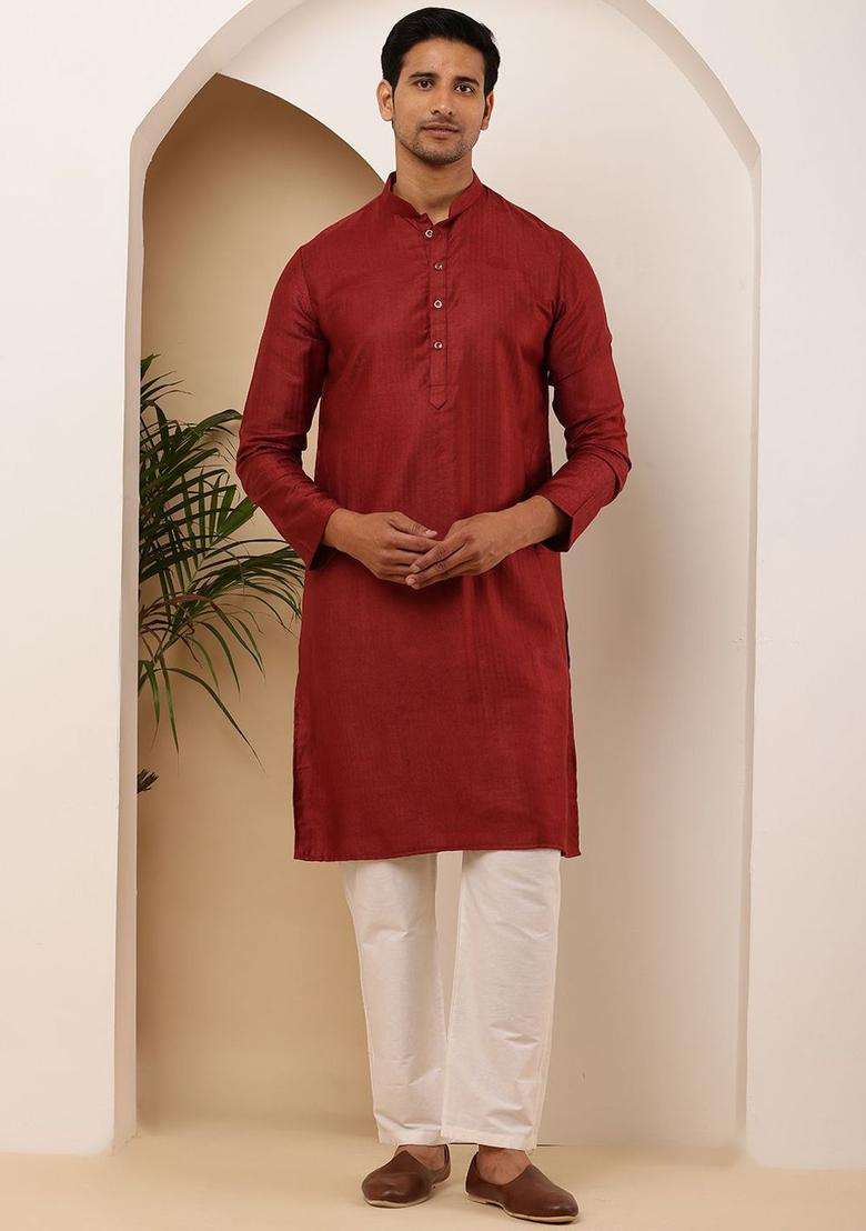 Red Self Design Viscose Kurta Set For Men - Indya