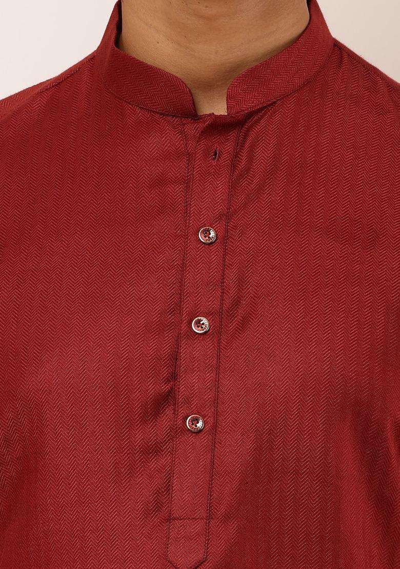 Red Self Design Viscose Kurta Set For Men - Indya