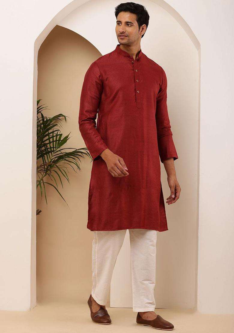 Red Self Design Viscose Kurta Set For Men - Indya