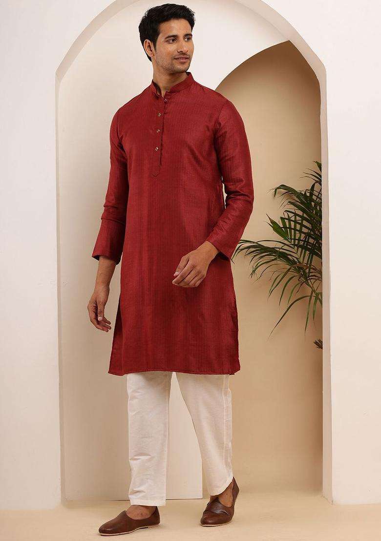 Red Self Design Viscose Kurta Set For Men - Indya