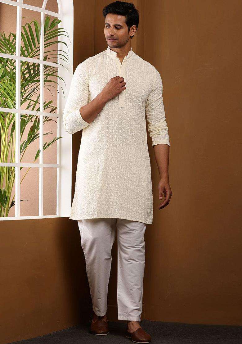 White Embroidered Viscose Kurta Set For Men - Indya
