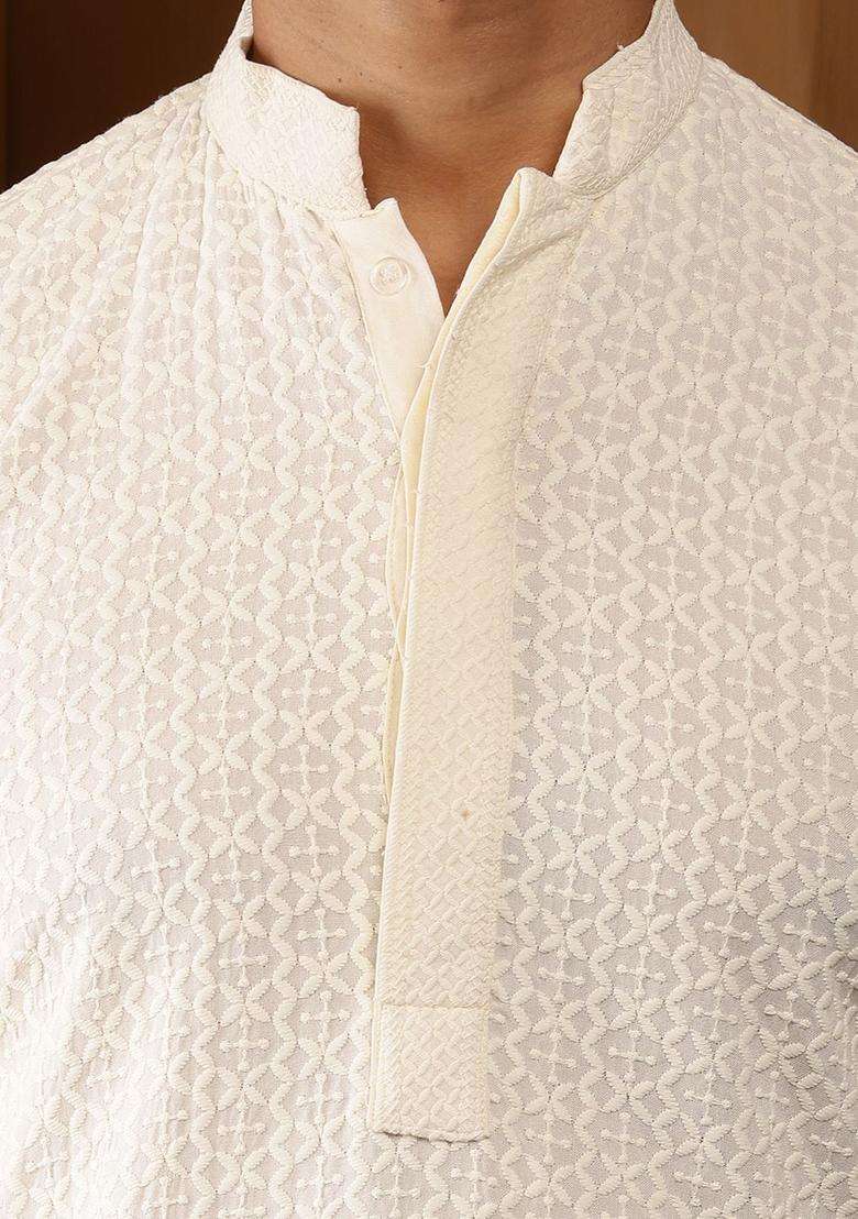 White Embroidered Viscose Kurta Set For Men - Indya