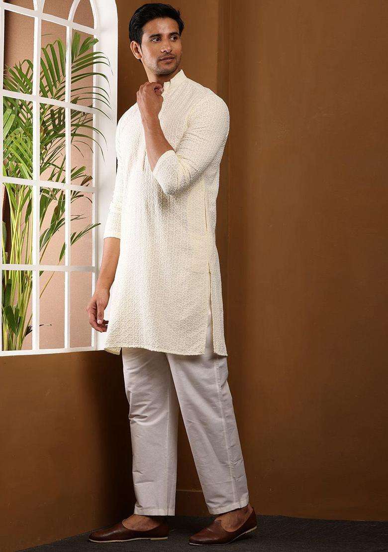 White Embroidered Viscose Kurta Set For Men - Indya