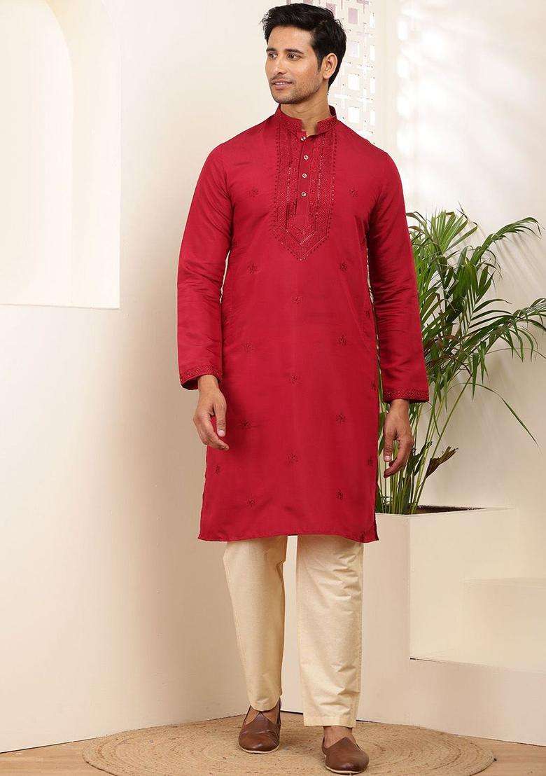 Red Embroidered Viscose Kurta Set For Men - Indya