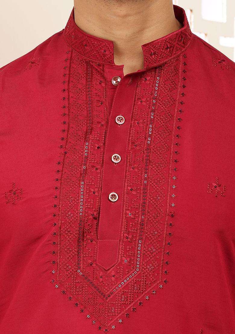 Red Embroidered Viscose Kurta Set For Men - Indya