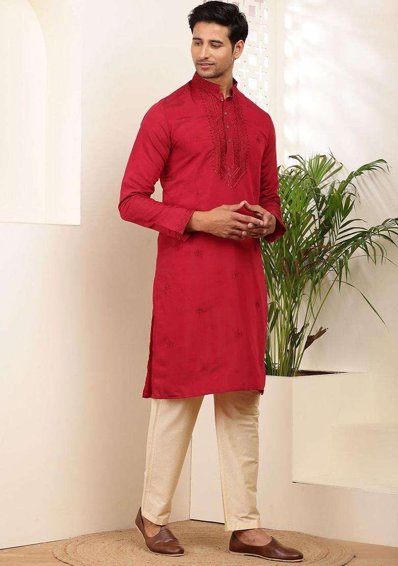 Red Embroidered Viscose Kurta Set For Men - Indya