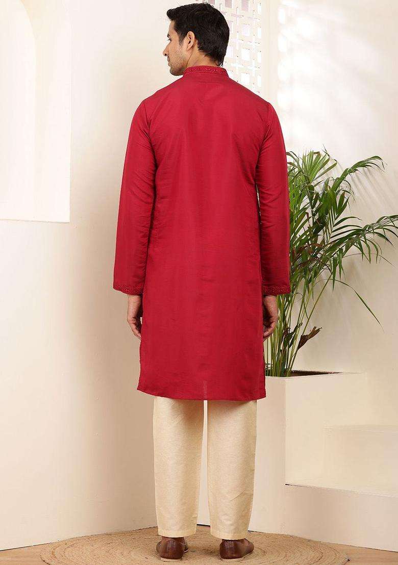 Red Embroidered Viscose Kurta Set For Men - Indya