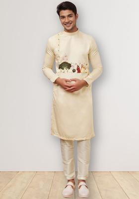 Beige Printed Cotton Kurta Set For Men