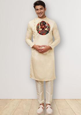 Beige Printed Cotton Kurta Set For Men