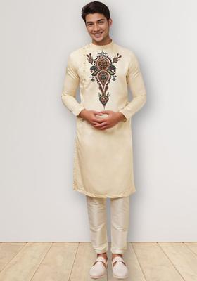 Beige Printed Cotton Kurta Set For Men