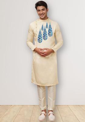 Beige Printed Cotton Kurta Set For Men