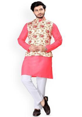 Peach Solid Cotton Kurta Set For Men